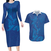 Hawaiian Monk Seal and Whale Couples Matching Long Sleeve Bodycon Dress and Hawaiian Shirt Kakau Tribal Pattern Blue Color LT03 Blue - Polynesian Pride