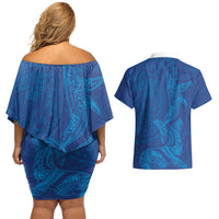Hawaiian Monk Seal and Whale Couples Matching Off Shoulder Short Dress and Hawaiian Shirt Kakau Tribal Pattern Blue Color LT03 - Polynesian Pride