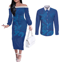 Hawaiian Monk Seal and Whale Couples Matching Off The Shoulder Long Sleeve Dress and Long Sleeve Button Shirt Kakau Tribal Pattern Blue Color LT03 Blue - Polynesian Pride