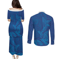 Hawaiian Monk Seal and Whale Couples Matching Puletasi and Long Sleeve Button Shirt Kakau Tribal Pattern Blue Color LT03 - Polynesian Pride