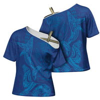 Hawaiian Monk Seal and Whale Cross Shoulder Shirt Kakau Tribal Pattern Blue Color