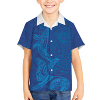 Hawaiian Monk Seal and Whale Family Matching Off Shoulder Maxi Dress and Hawaiian Shirt Kakau Tribal Pattern Blue Color LT03 Son's Shirt Blue - Polynesian Pride