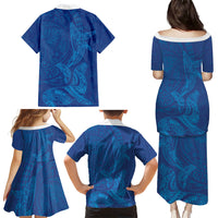 Hawaiian Monk Seal and Whale Family Matching Puletasi and Hawaiian Shirt Kakau Tribal Pattern Blue Color LT03 - Polynesian Pride