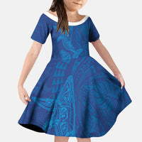 Hawaiian Monk Seal and Whale Kid Short Sleeve Dress Kakau Tribal Pattern Blue Color