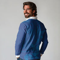 Hawaiian Monk Seal and Whale Long Sleeve Polo Shirt Kakau Tribal Pattern Blue Color
