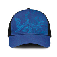 Hawaiian Monk Seal and Whale Mesh Trucker Cap Kakau Tribal Pattern Blue Color
