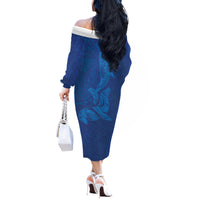 Hawaiian Monk Seal and Whale Off The Shoulder Long Sleeve Dress Kakau Tribal Pattern Blue Color LT03 - Polynesian Pride