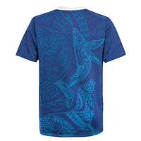 Hawaiian Monk Seal and Whale Rugby Jersey Kakau Tribal Pattern Blue Color
