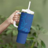 Hawaiian Monk Seal and Whale Tumbler With Handle Kakau Tribal Pattern Blue Color