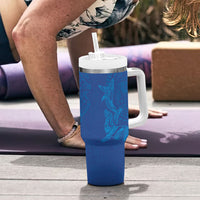 Hawaiian Monk Seal and Whale Tumbler With Handle Kakau Tribal Pattern Blue Color