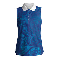 Hawaiian Monk Seal and Whale Women Sleeveless Polo Shirt Kakau Tribal Pattern Blue Color LT03 Female Blue - Polynesian Pride
