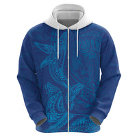 Hawaiian Monk Seal and Whale Zip Hoodie Kakau Tribal Pattern Blue Color