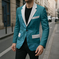 Hawaiian Monk Seal and Whale Blazer Kakau Tribal Pattern Teal Color