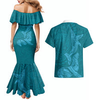 Hawaiian Monk Seal and Whale Couples Matching Mermaid Dress and Hawaiian Shirt Kakau Tribal Pattern Teal Color LT03 - Polynesian Pride
