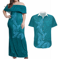 Hawaiian Monk Seal and Whale Couples Matching Off Shoulder Maxi Dress and Hawaiian Shirt Kakau Tribal Pattern Teal Color LT03 Teal - Polynesian Pride