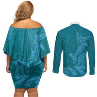 Hawaiian Monk Seal and Whale Couples Matching Off Shoulder Short Dress and Long Sleeve Button Shirt Kakau Tribal Pattern Teal Color LT03 - Polynesian Pride