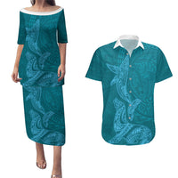 Hawaiian Monk Seal and Whale Couples Matching Puletasi and Hawaiian Shirt Kakau Tribal Pattern Teal Color LT03 Teal - Polynesian Pride
