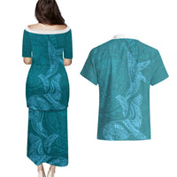 Hawaiian Monk Seal and Whale Couples Matching Puletasi and Hawaiian Shirt Kakau Tribal Pattern Teal Color LT03 - Polynesian Pride