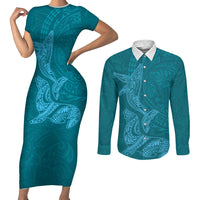 Hawaiian Monk Seal and Whale Couples Matching Short Sleeve Bodycon Dress and Long Sleeve Button Shirt Kakau Tribal Pattern Teal Color LT03 Teal - Polynesian Pride