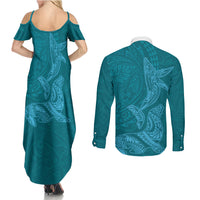 Hawaiian Monk Seal and Whale Couples Matching Summer Maxi Dress and Long Sleeve Button Shirt Kakau Tribal Pattern Teal Color LT03 - Polynesian Pride