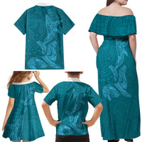 Hawaiian Monk Seal and Whale Family Matching Off Shoulder Maxi Dress and Hawaiian Shirt Kakau Tribal Pattern Teal Color LT03 - Polynesian Pride
