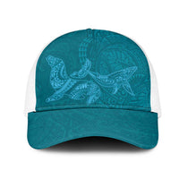 Hawaiian Monk Seal and Whale Mesh Trucker Cap Kakau Tribal Pattern Teal Color
