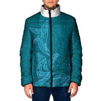Hawaiian Monk Seal and Whale Padded Jacket Kakau Tribal Pattern Teal Color