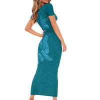 Hawaiian Monk Seal and Whale Short Sleeve Bodycon Dress Kakau Tribal Pattern Teal Color LT03 - Polynesian Pride