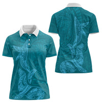 Hawaiian Monk Seal and Whale Women Polo Shirt Kakau Tribal Pattern Teal Color LT03 - Polynesian Pride