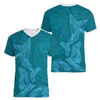 Hawaiian Monk Seal and Whale Women V-Neck T-Shirt Kakau Tribal Pattern Teal Color LT03 - Polynesian Pride
