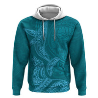 Hawaiian Monk Seal and Whale Zip Hoodie Kakau Tribal Pattern Teal Color