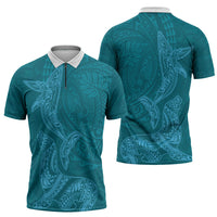 Hawaiian Monk Seal and Whale Zipper Polo Shirt Kakau Tribal Pattern Teal Color LT03 - Polynesian Pride
