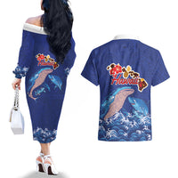 Hawaiian Sea Animals Couples Matching Off The Shoulder Long Sleeve Dress and Hawaiian Shirt Whales Shark and Turtle Guardians with Tribal Pattern LT03 - Polynesian Pride