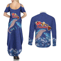 Hawaiian Sea Animals Couples Matching Summer Maxi Dress and Long Sleeve Button Shirt Whales Shark and Turtle Guardians with Tribal Pattern LT03 - Polynesian Pride