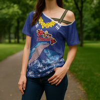Hawaiian Sea Animals Cross Shoulder Shirt Whales Shark and Turtle Guardians with Tribal Pattern