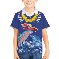 Hawaiian Sea Animals Family Matching Short Sleeve Bodycon Dress and Hawaiian Shirt Whales Shark and Turtle Guardians with Tribal Pattern LT03 Son's Shirt Blue - Polynesian Pride