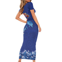 Hawaiian Sea Animals Short Sleeve Bodycon Dress Whales Shark and Turtle Guardians with Tribal Pattern LT03 - Polynesian Pride