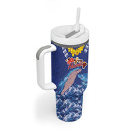 Hawaiian Sea Animals Tumbler With Handle Whales Shark and Turtle Guardians with Tribal Pattern