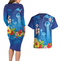 Fiji Jellyfish Couples Matching Long Sleeve Bodycon Dress and Hawaiian Shirt Tapa Patterns and Hibiscus Sea Vibe LT03 - Polynesian Pride
