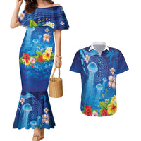 Fiji Jellyfish Couples Matching Mermaid Dress and Hawaiian Shirt Tapa Patterns and Hibiscus Sea Vibe LT03 Blue - Polynesian Pride