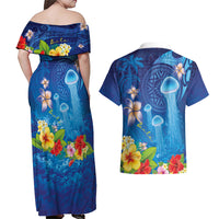 Fiji Jellyfish Couples Matching Off Shoulder Maxi Dress and Hawaiian Shirt Tapa Patterns and Hibiscus Sea Vibe LT03 - Polynesian Pride