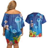 Fiji Jellyfish Couples Matching Off Shoulder Short Dress and Hawaiian Shirt Tapa Patterns and Hibiscus Sea Vibe LT03 - Polynesian Pride