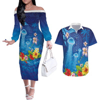 Fiji Jellyfish Couples Matching Off The Shoulder Long Sleeve Dress and Hawaiian Shirt Tapa Patterns and Hibiscus Sea Vibe LT03 Blue - Polynesian Pride
