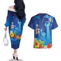 Fiji Jellyfish Couples Matching Off The Shoulder Long Sleeve Dress and Hawaiian Shirt Tapa Patterns and Hibiscus Sea Vibe LT03 - Polynesian Pride