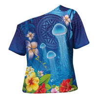 Fiji Jellyfish Cross Shoulder Shirt Tapa Patterns and Hibiscus Sea Vibe