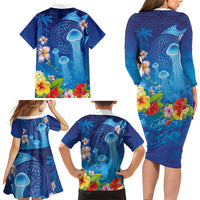 Fiji Jellyfish Family Matching Long Sleeve Bodycon Dress and Hawaiian Shirt Tapa Patterns and Hibiscus Sea Vibe LT03 - Polynesian Pride