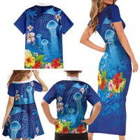 Fiji Jellyfish Family Matching Short Sleeve Bodycon Dress and Hawaiian Shirt Tapa Patterns and Hibiscus Sea Vibe LT03 - Polynesian Pride