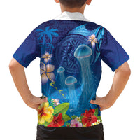 Fiji Jellyfish Family Matching Summer Maxi Dress and Hawaiian Shirt Tapa Patterns and Hibiscus Sea Vibe LT03 - Polynesian Pride