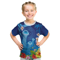 Fiji Jellyfish Kid T Shirt Tapa Patterns and Hibiscus Sea Vibe
