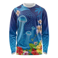 Fiji Jellyfish Long Sleeve Shirt Tapa Patterns and Hibiscus Sea Vibe